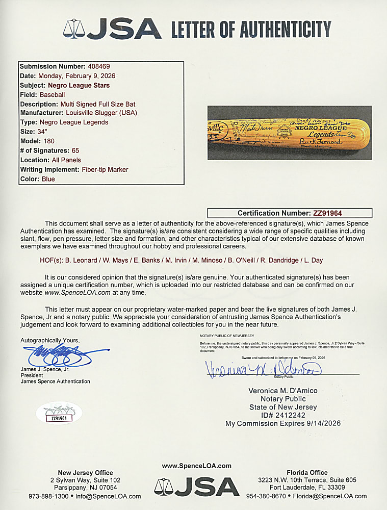 Negro League Legends Multi-Signed Special Edition Bat with (65+) Signatures Including (8) Hall of Famers - Mays, Banks, Leonard, O'Neil Plus Full JSA LOA