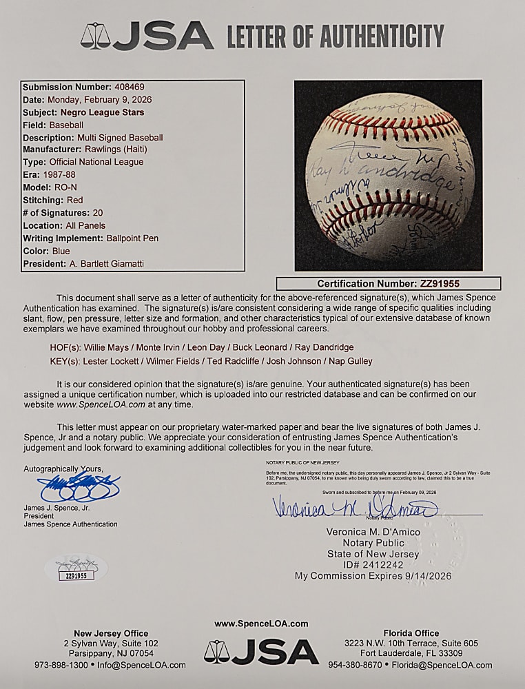 Multi-Signed Negro League Hall of Fame & Star Baseball (20) with Mays, Dandridge & Leonard - JSA LOA