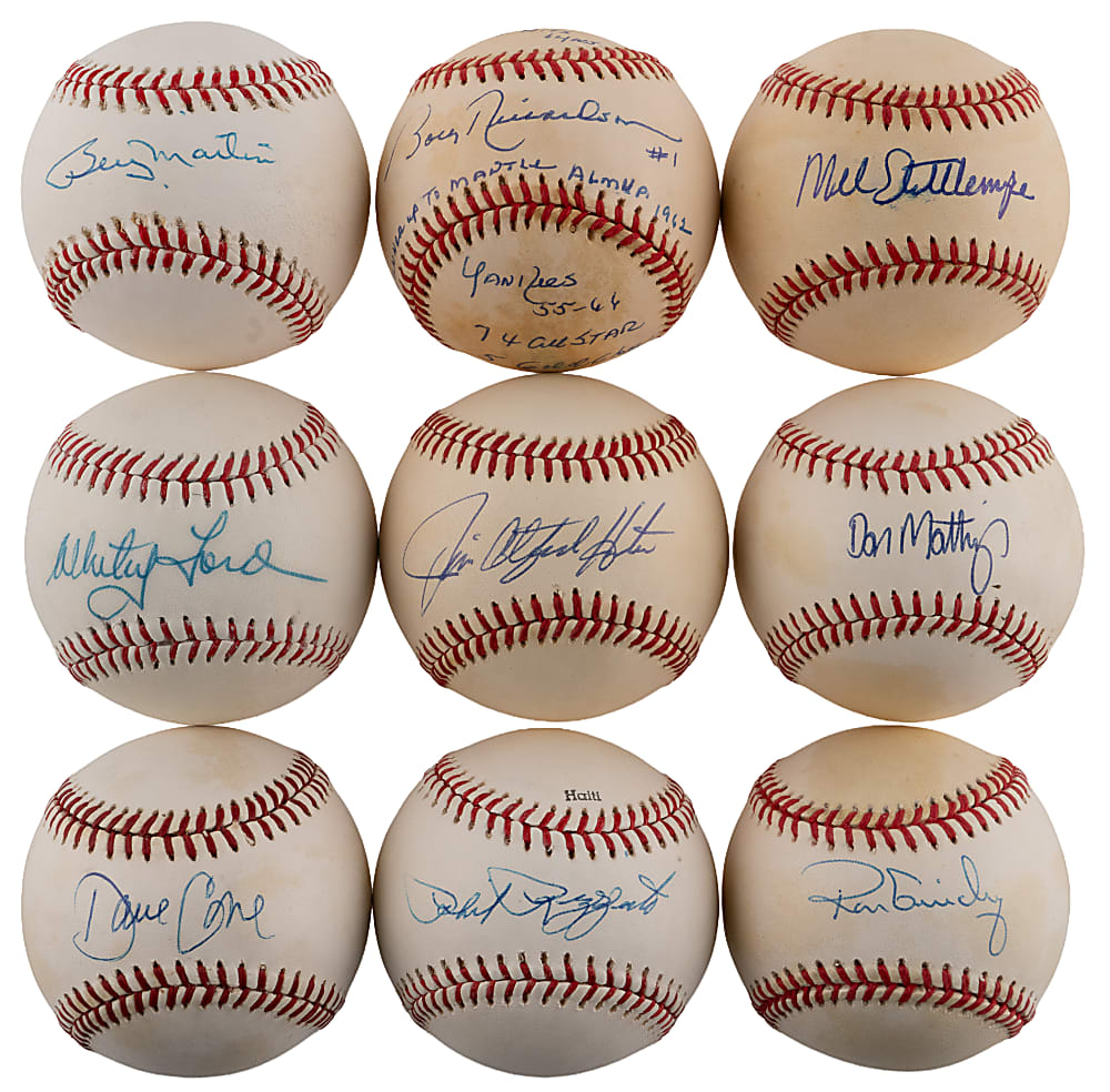 New York Yankees Single-Signed Baseballs (16) with Catfish Hunter, Bobby Richardson Stat Ball & Billy Martin