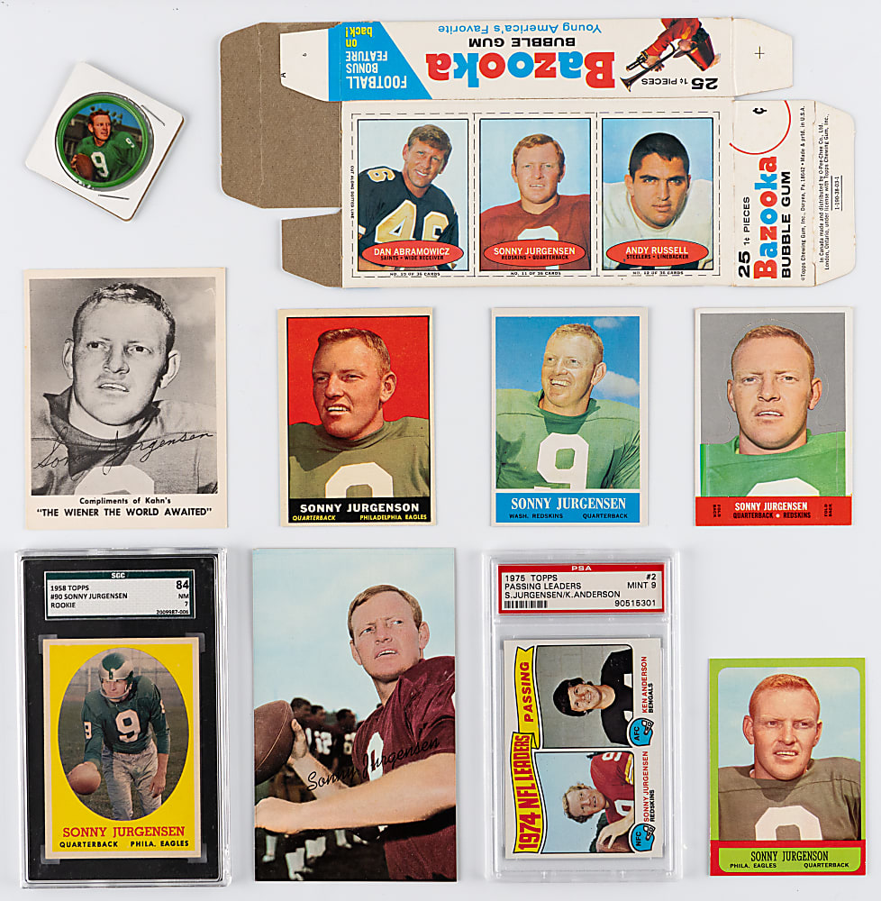1958-1975 Sonny Jurgensen Collection (42) with 1958 Topps Rookie SGC NM 7, 1971 Bazooka Complete Box & Other Tougher Issues