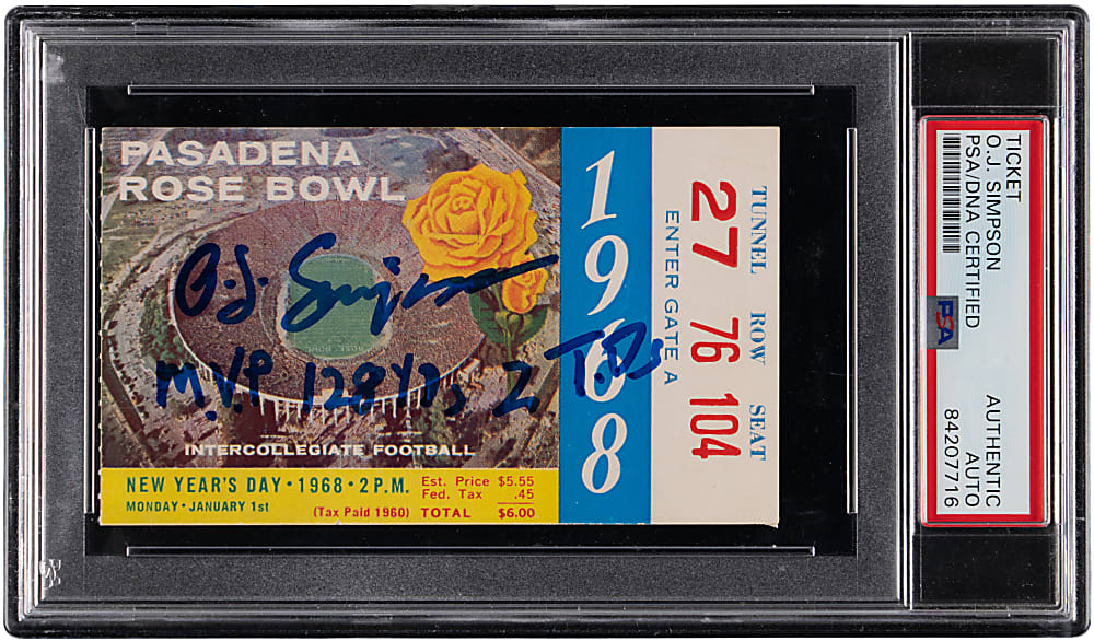 O.J. Simpson Signed and Inscribed 1968 Rose Bowl Ticket Stub from USC Trojans National Championship Win - PSA Authentic