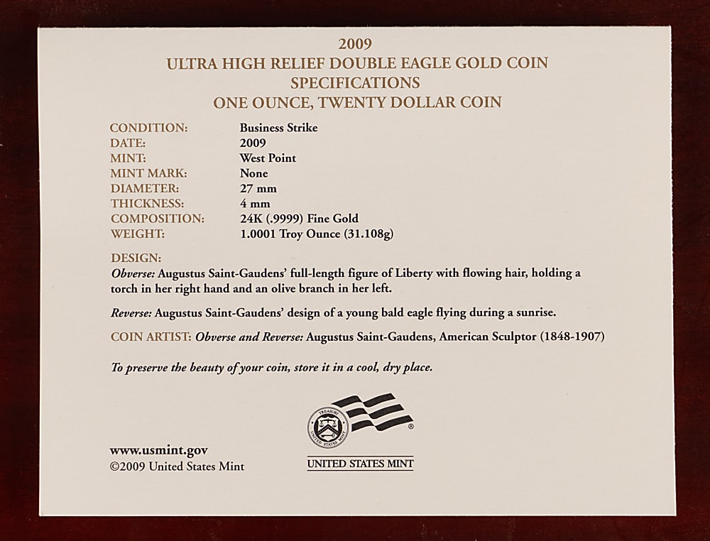 2009 U.S. Ultra High Relief $20 Gold Double Eagle Coin with Presentation Case & COA
