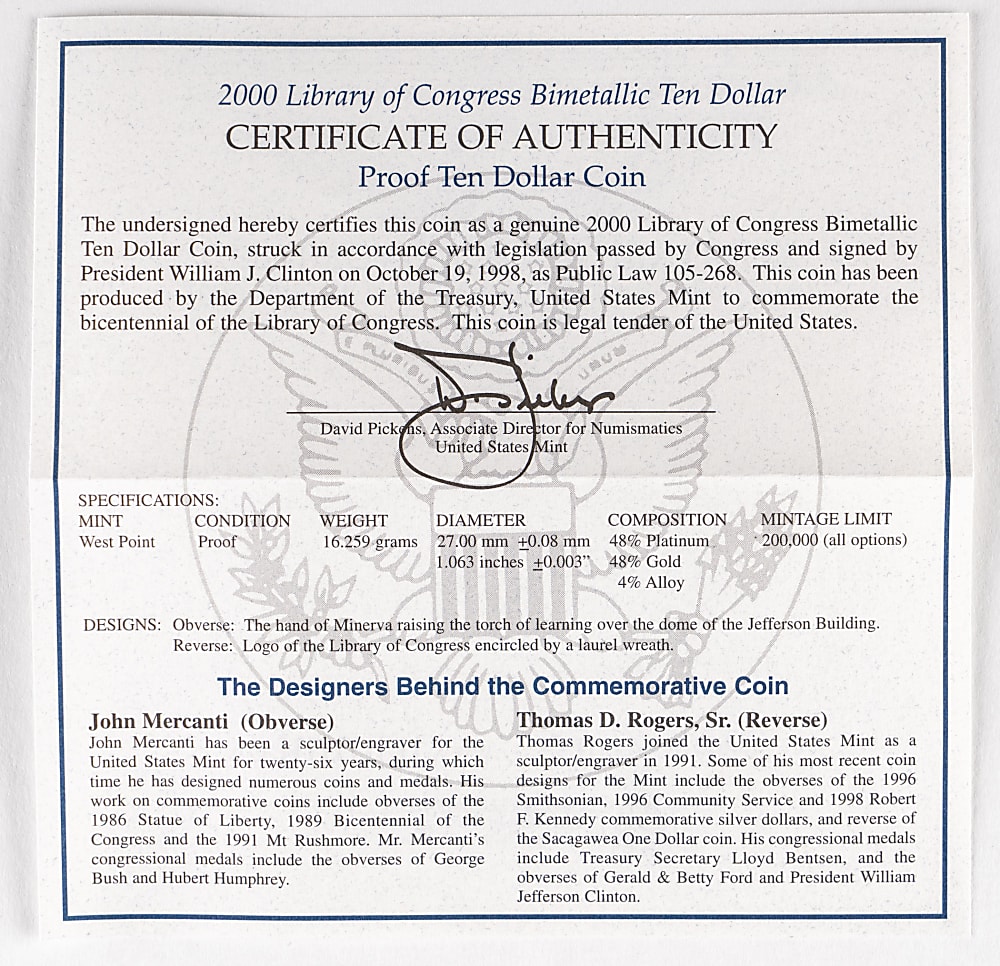 2000 Library of Congress $10 Gold/Platinum Bimetallic Coin with Case & COA