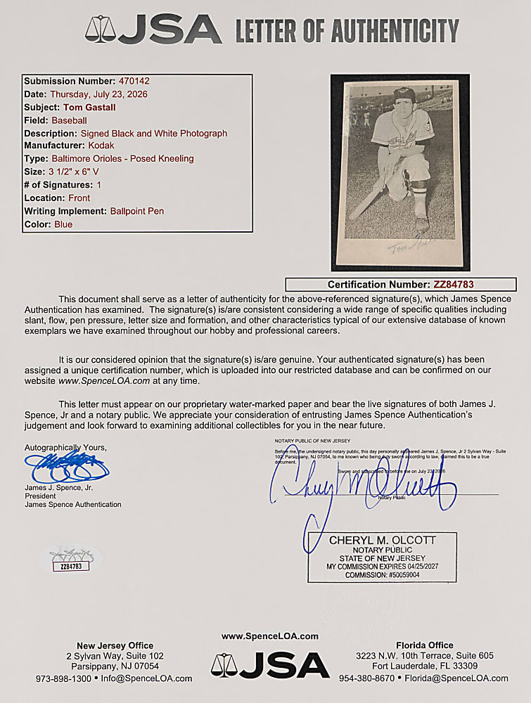 Signed Tom Gastall (d.1956) Baltimore Orioles Photo Postcard with Full JSA LOA - Extremely Rare
