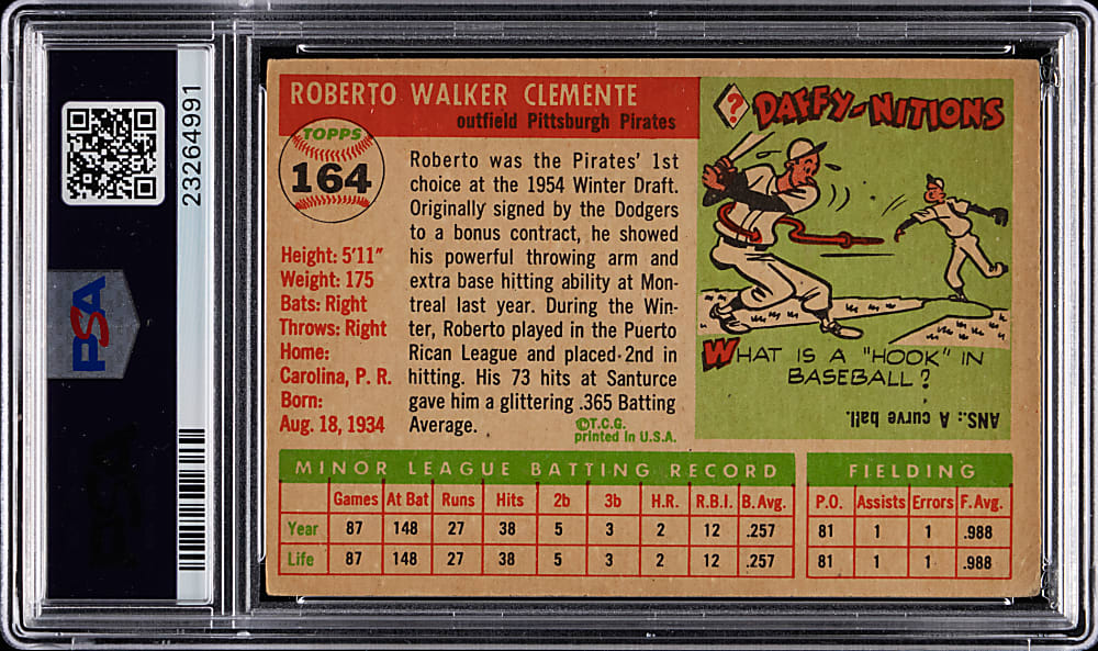 1955 Topps #164 Roberto Clemente Rookie PSA VG 3