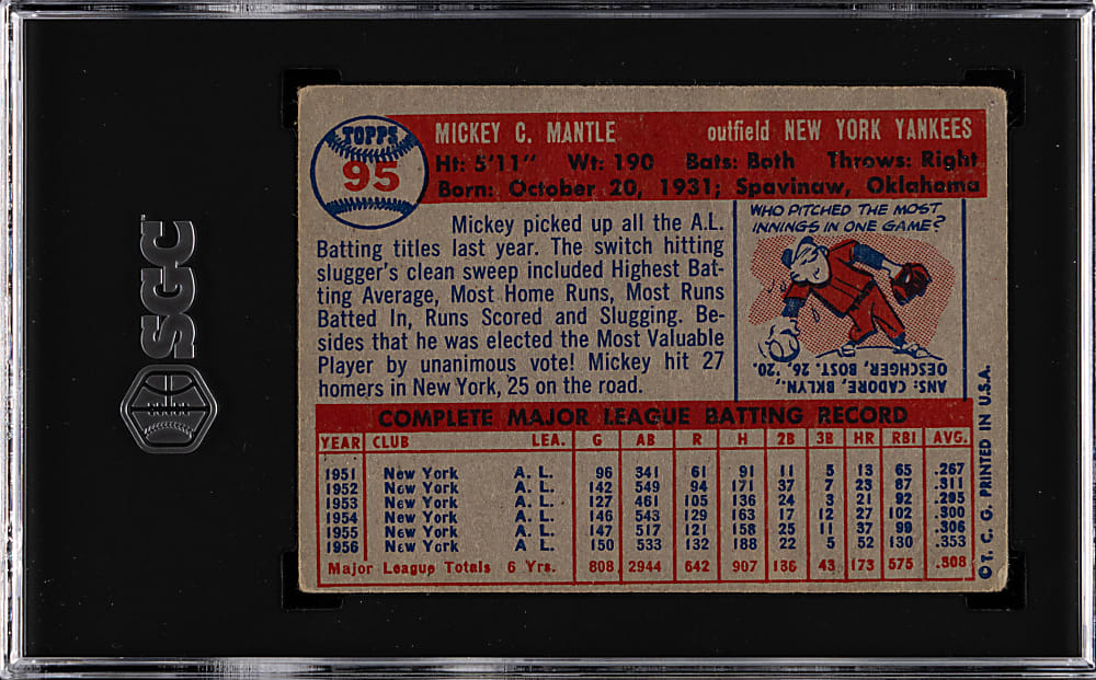 1957 Topps #95 Mickey Mantle SGC VG 3