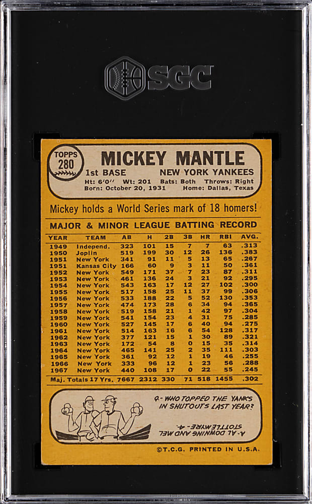 1968 Topps #280 Mickey Mantle SGC EX 5