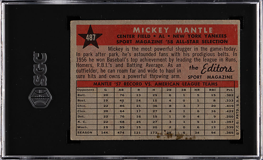 1958 Topps #487 Mickey Mantle All-Star SGC VG 3