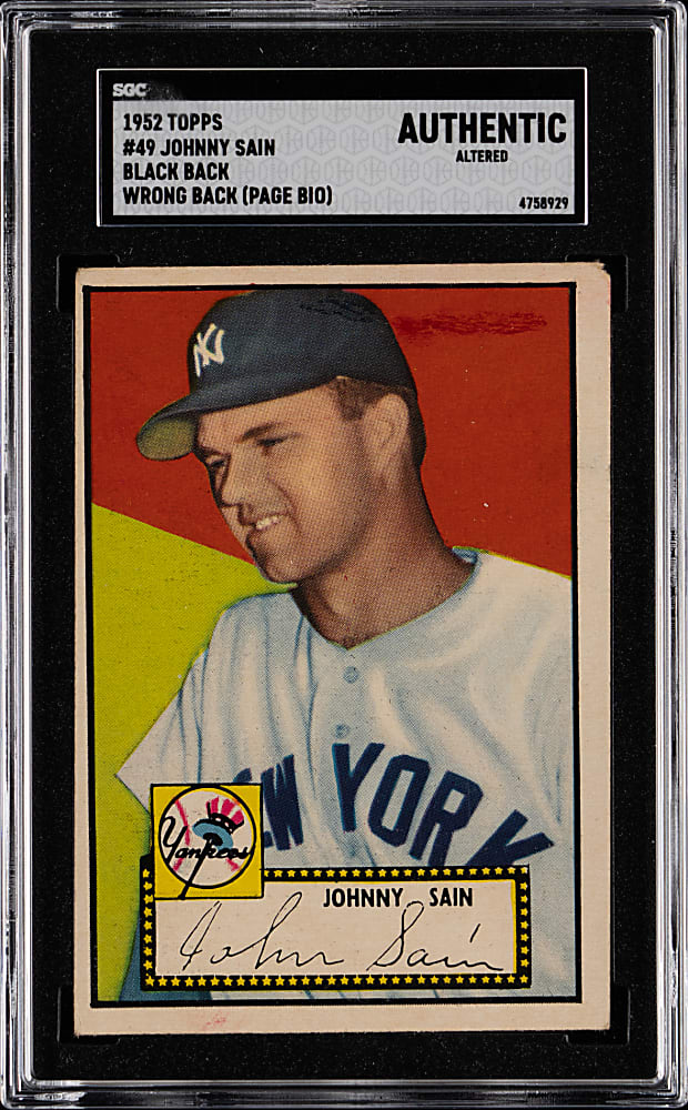 1952 Topps #49 Johnny Sain Black Back (Joe Page Bio) SGC Authentic-Altered
