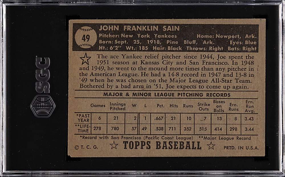 1952 Topps #49 Johnny Sain Black Back (Joe Page Bio) SGC Authentic-Altered
