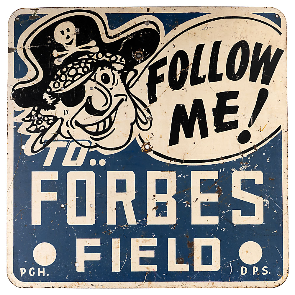 1958-1967 Pittsburgh Pirates Follow Me to Forbes Field Metal Street Sign Featuring Smiling Buc Mascot