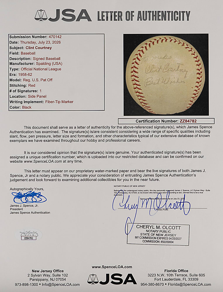 Exceedingly Rare Clint Courtney Single-Signed ONL/Giles Baseball - JSA LOA