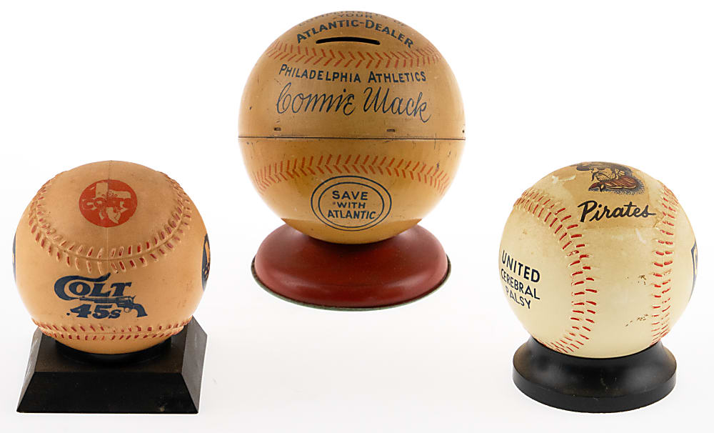 Vintage Coin Bank Quartet with Connie Mack & Rare 1950s H&B Famous Sluggers with Original Mailing Box