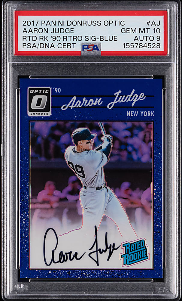 2017 Panini Donruss Optic Rated Rookie 1990 Retro Signatures Aaron Judge Blue #/5 PSA GEM MINT 10 with Auto 9 - Population 1