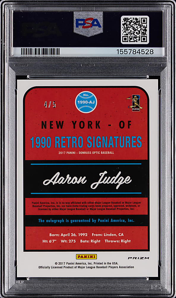 2017 Panini Donruss Optic Rated Rookie 1990 Retro Signatures Aaron Judge Blue #/5 PSA GEM MINT 10 with Auto 9 - Population 1