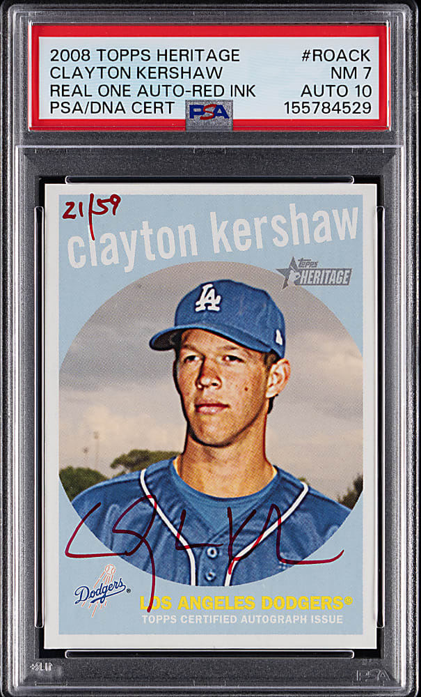 2008 Topps Heritage Real One Autographs Clayton Kershaw Red Ink #/59 PSA NM 7 with Auto 10