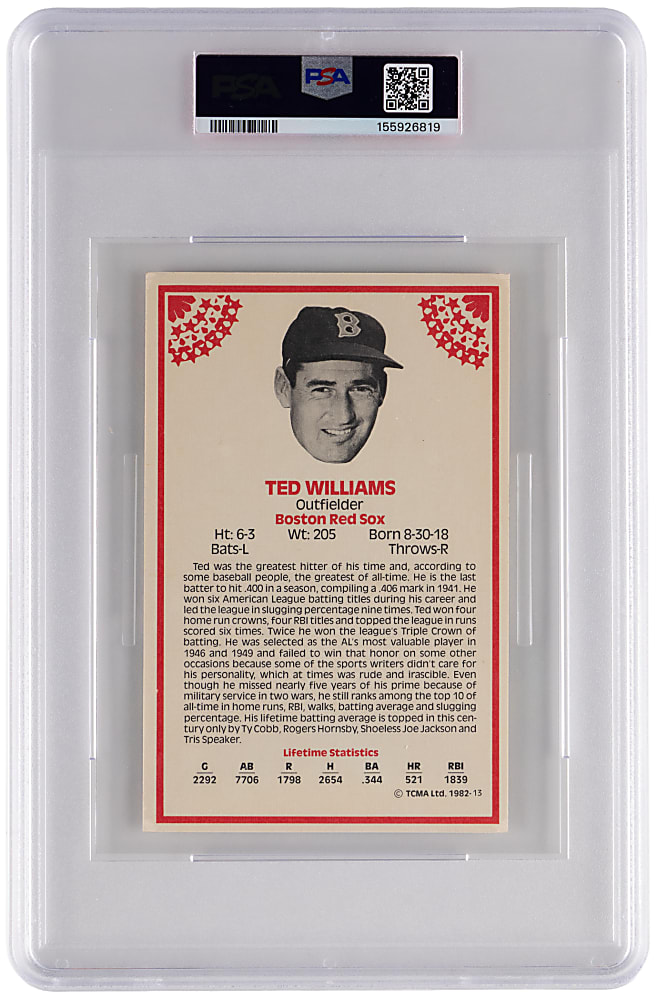 Signed 1982 TCMA Great Players of the 1950's & 1960's #13 Ted Williams PSA/DNA Authentic with Auto Grade 10