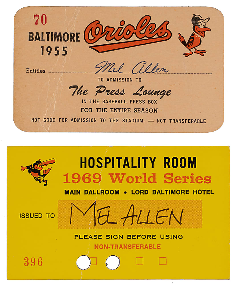 1955 Baltimore Orioles & 1969 World Series Mel Allen Press & Hospitality Passes