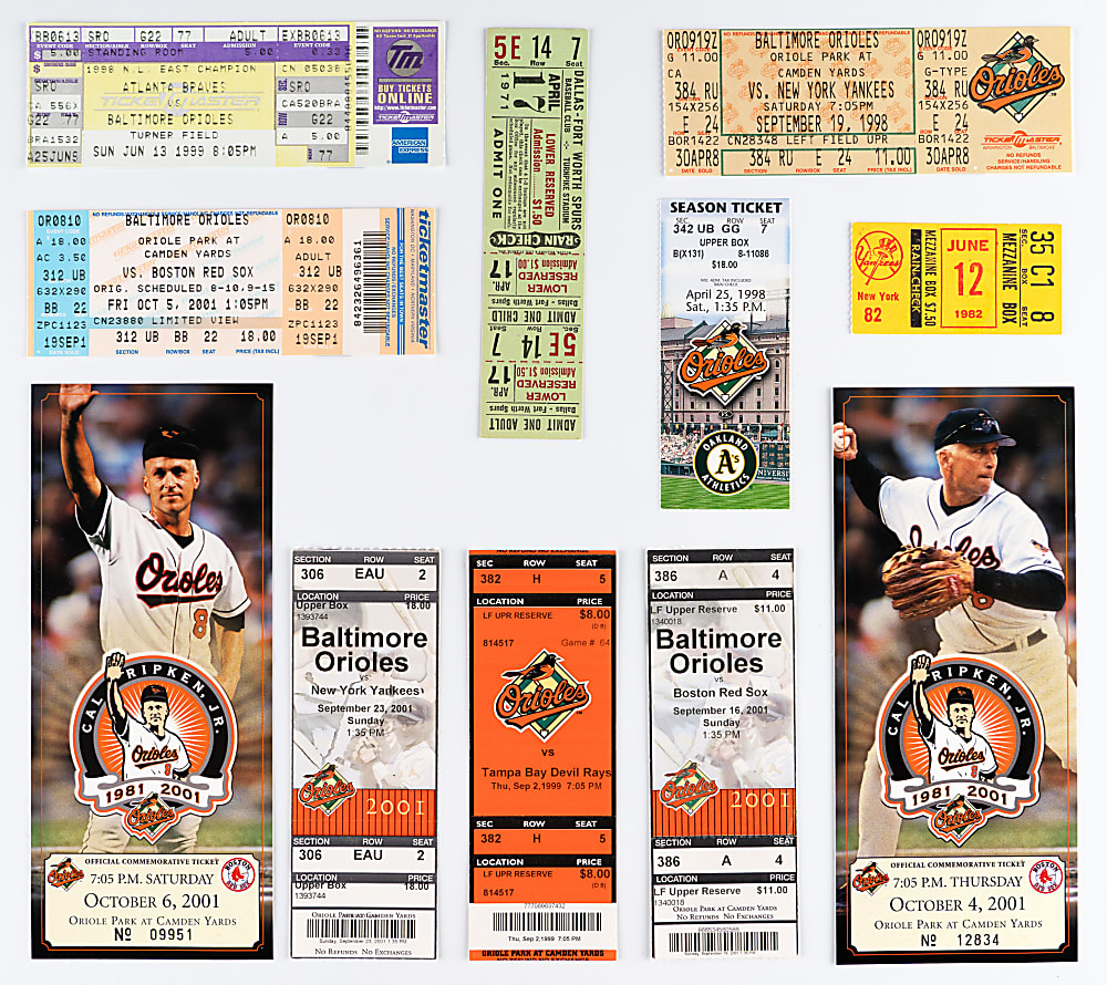 1971-2007 Cal Ripken Jr. Milestone Tickets (21) with Streak Milestones, Last Home Run, Last Hit & Rare 1971 Bat Boy!