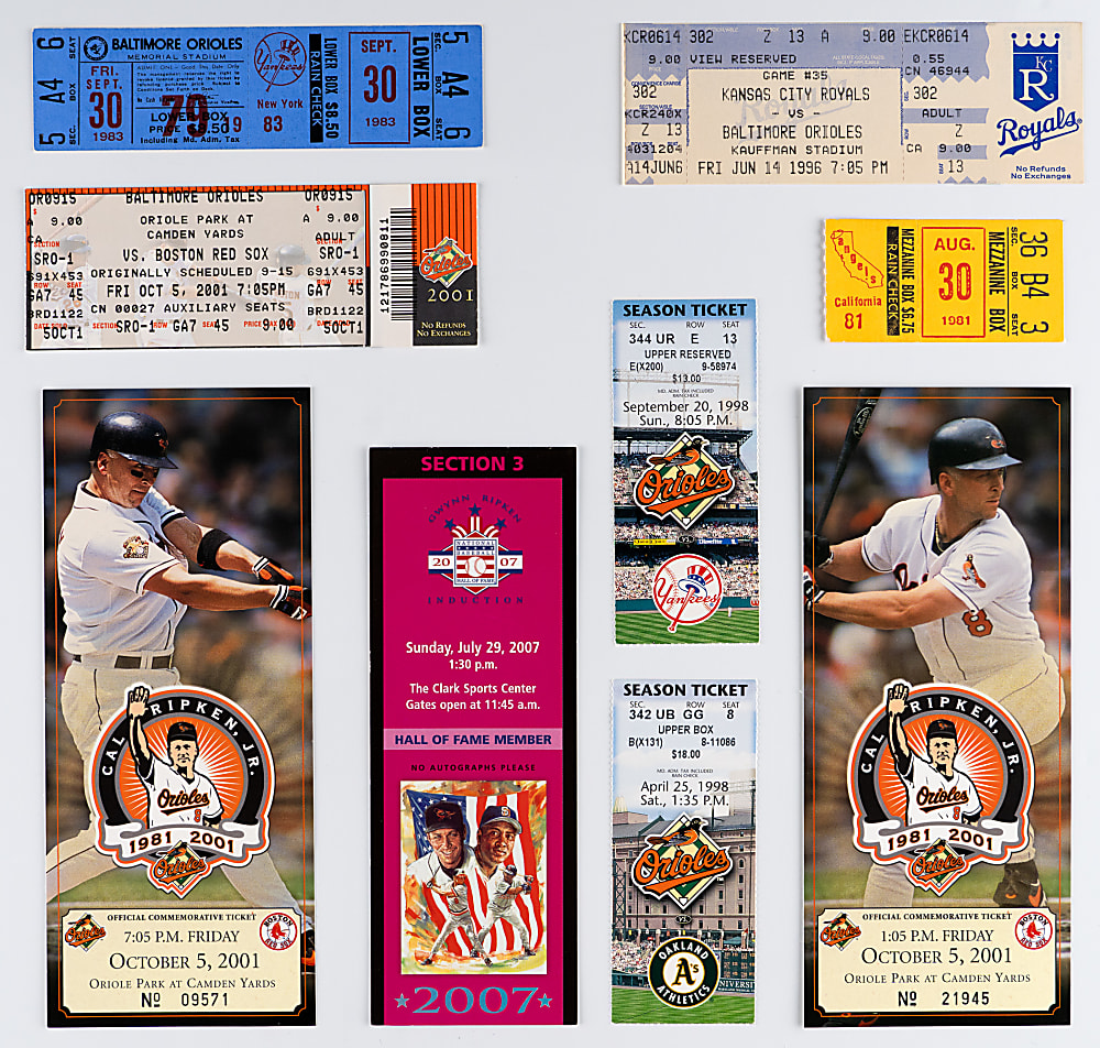 1971-2007 Cal Ripken Jr. Milestone Tickets (21) with Streak Milestones, Last Home Run, Last Hit & Rare 1971 Bat Boy!