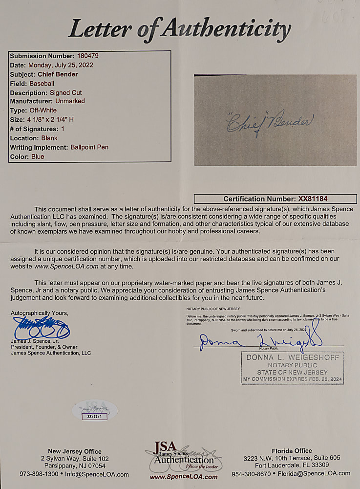 Chief Bender Cut Signature with Full JSA LOA