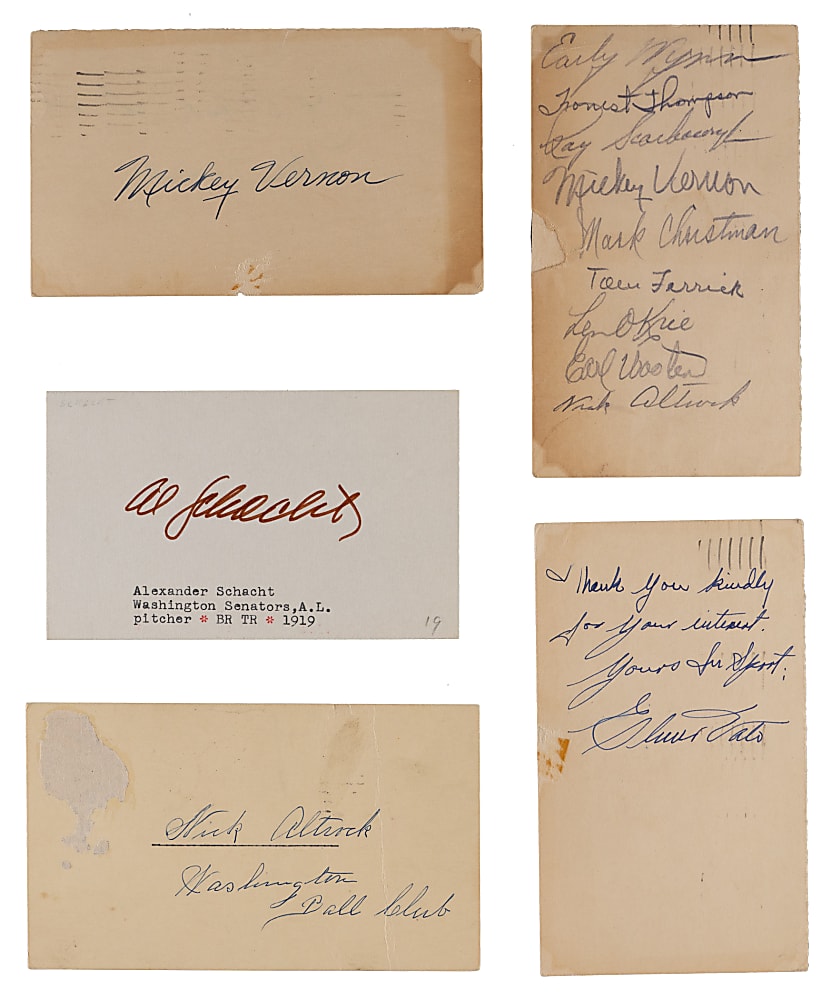 1940s-1950s Washington Senators Signed Government Postcard/Index Card Collection (12) with 1948 Team-Signed GPC