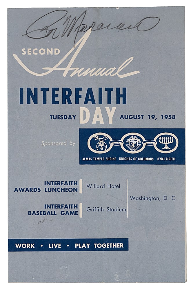 1958 Rocky Marciano Signed Interfaith Day Luncheon Program with Full JSA LOA