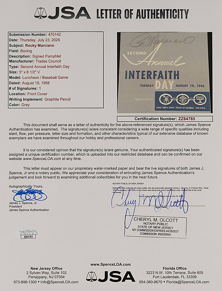 1958 Rocky Marciano Signed Interfaith Day Luncheon Program with Full JSA LOA