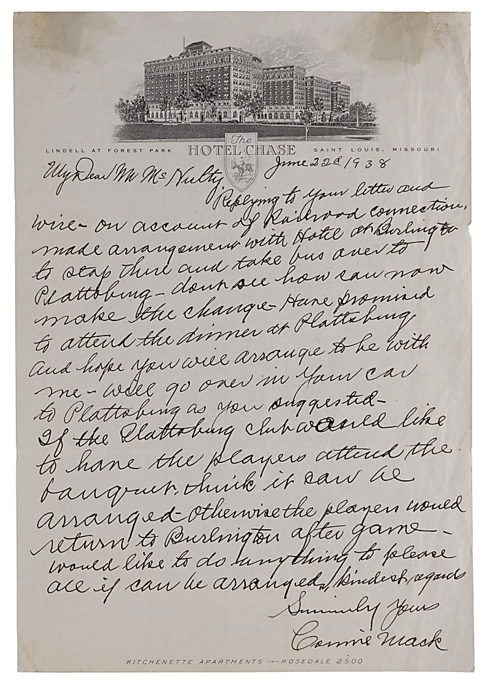 1938 Connie Mack Signed Handwritten Letter on Hotel Chase of St. Louis Letterhead