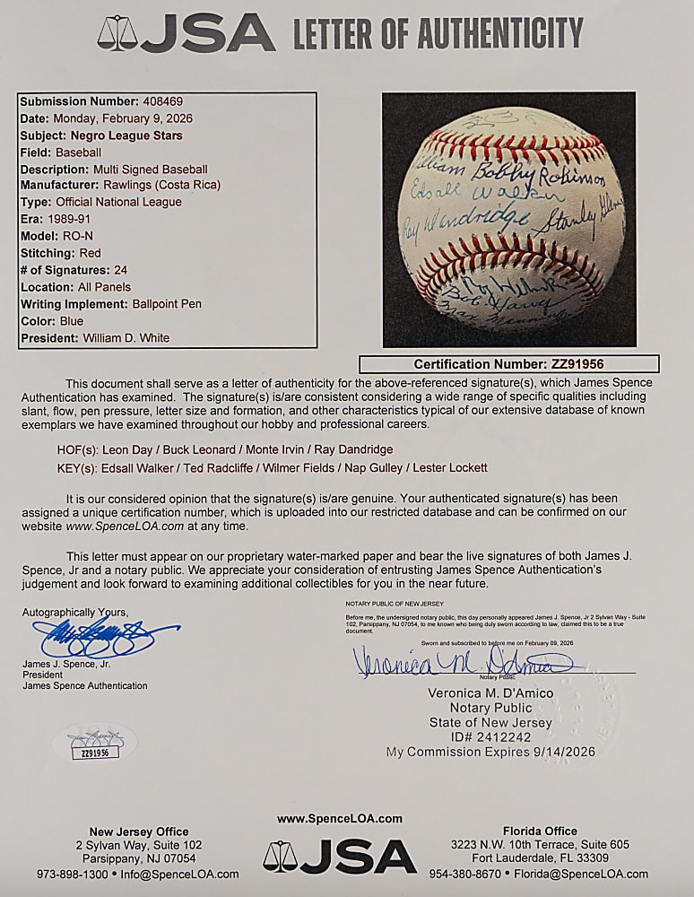 Negro League Stars Multi-Signed ONL/White Baseball with (24) Signatures Including (4) Hall of Famers Plus Full JSA LOA