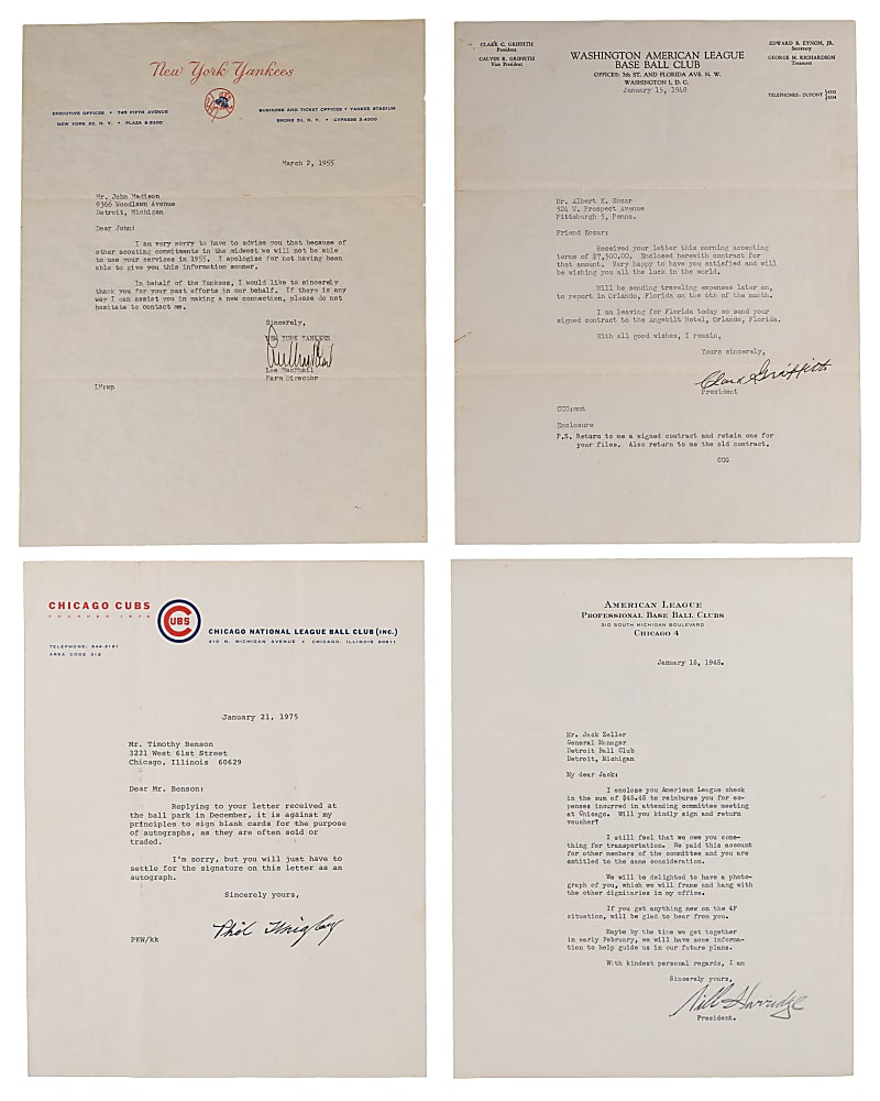 1945-1975 Executives Signed Typed Letters on Official Letterhead with Griffith, Harridge, MacPhail & Wrigley