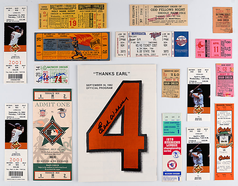 1939-2023 Baltimore Orioles Tickets (70) with Milestones, No-Hitters, Playoffs, 9/11, All-Star & (2) Weaver Signed