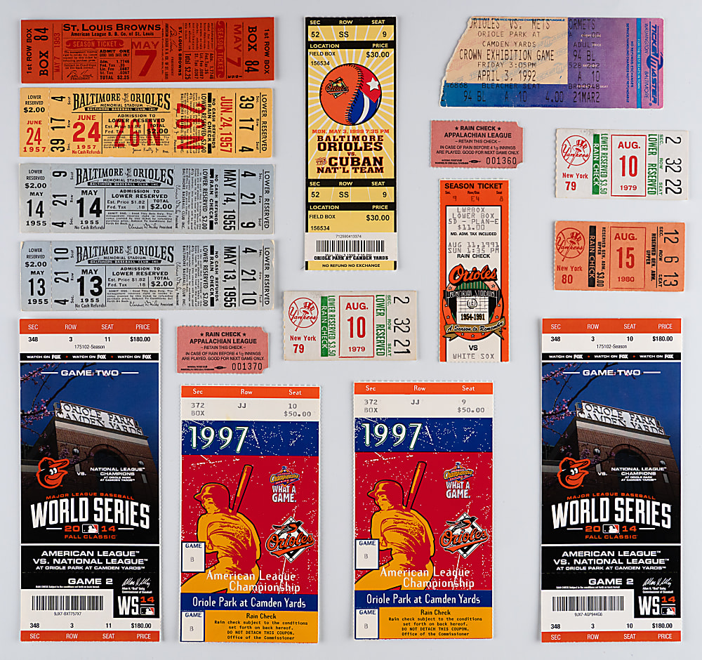 1939-2023 Baltimore Orioles Tickets (70) with Milestones, No-Hitters, Playoffs, 9/11, All-Star & (2) Weaver Signed