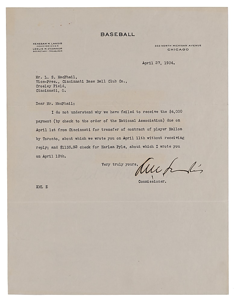 1934 Kenesaw Mountain Landis Signed Letter to Larry MacPhail on "Baseball" Commissioner Letterhead