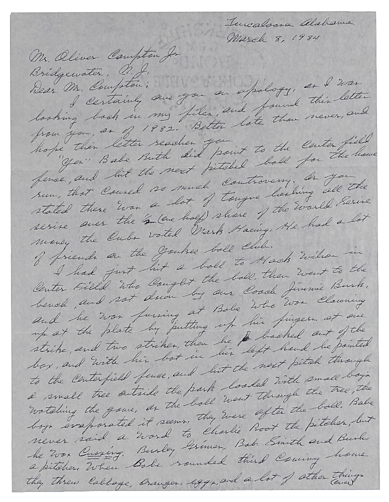 1984 Joe Sewell Twice-Signed Handwritten Letter Describing Babe Ruth's 1932 World Serie Called Shot - Full JSA LOA