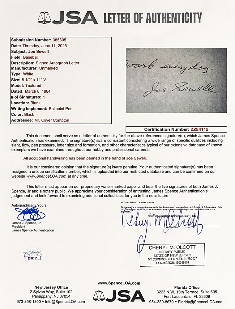 1984 Joe Sewell Twice-Signed Handwritten Letter Describing Babe Ruth's 1932 World Serie Called Shot - Full JSA LOA