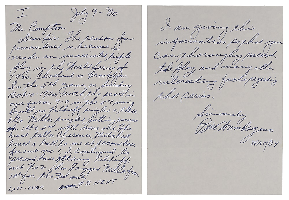 1980 Bill Wambsganss Handwritten Signed Two Page Letter with 1920 World Series Unassisted Triple Play Content Plus Signed 3x5 Photo & Full JSA LOA
