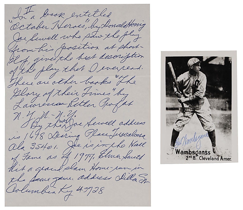 1980 Bill Wambsganss Handwritten Signed Two Page Letter with 1920 World Series Unassisted Triple Play Content Plus Signed 3x5 Photo & Full JSA LOA
