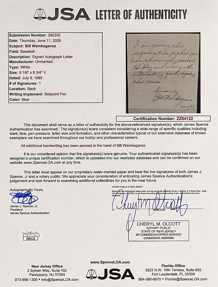 1980 Bill Wambsganss Handwritten Signed Two Page Letter with 1920 World Series Unassisted Triple Play Content Plus Signed 3x5 Photo & Full JSA LOA