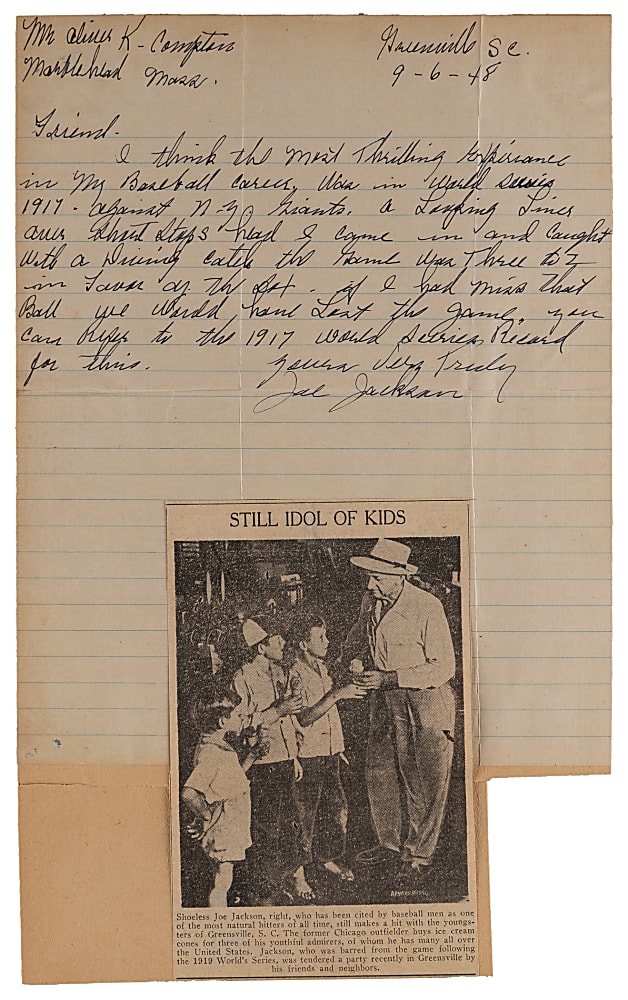 1948 Joe Jackson Most Thrilling Experience Letter with 1917 World Series Content Written and Signed by Wife Katie Wynn Jackson - JSA LOA