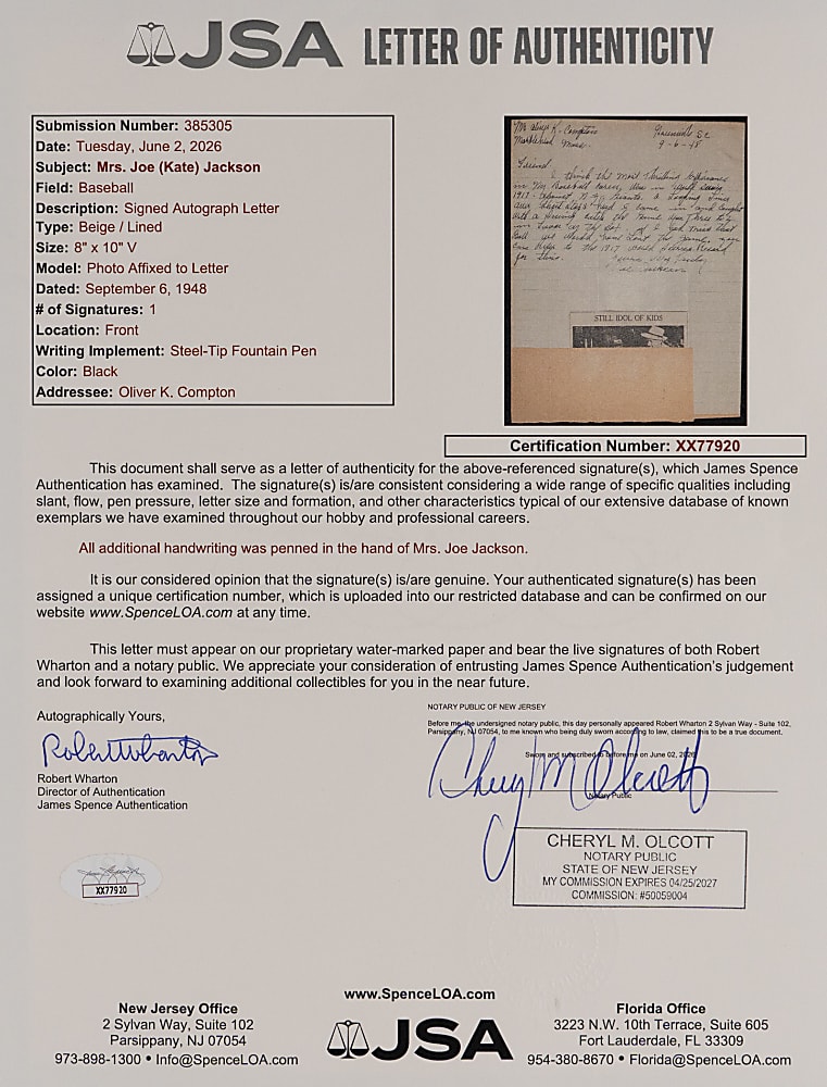 1948 Joe Jackson Most Thrilling Experience Letter with 1917 World Series Content Written and Signed by Wife Katie Wynn Jackson - JSA LOA