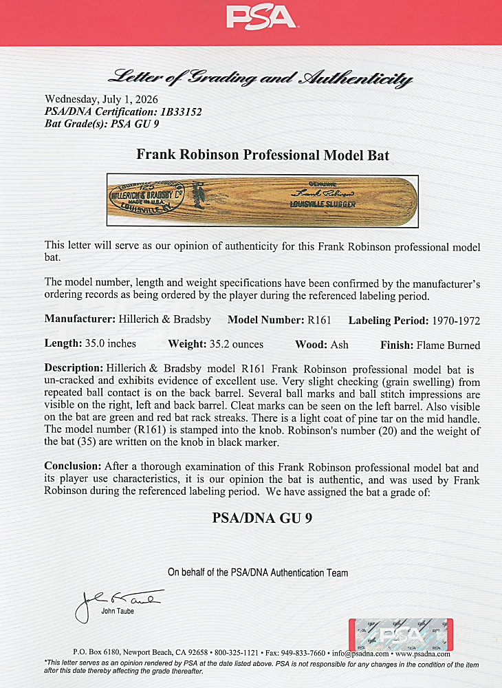 1970-1972 Frank Robinson World Series Era Game-Used Bat - PSA/DNA GU 9