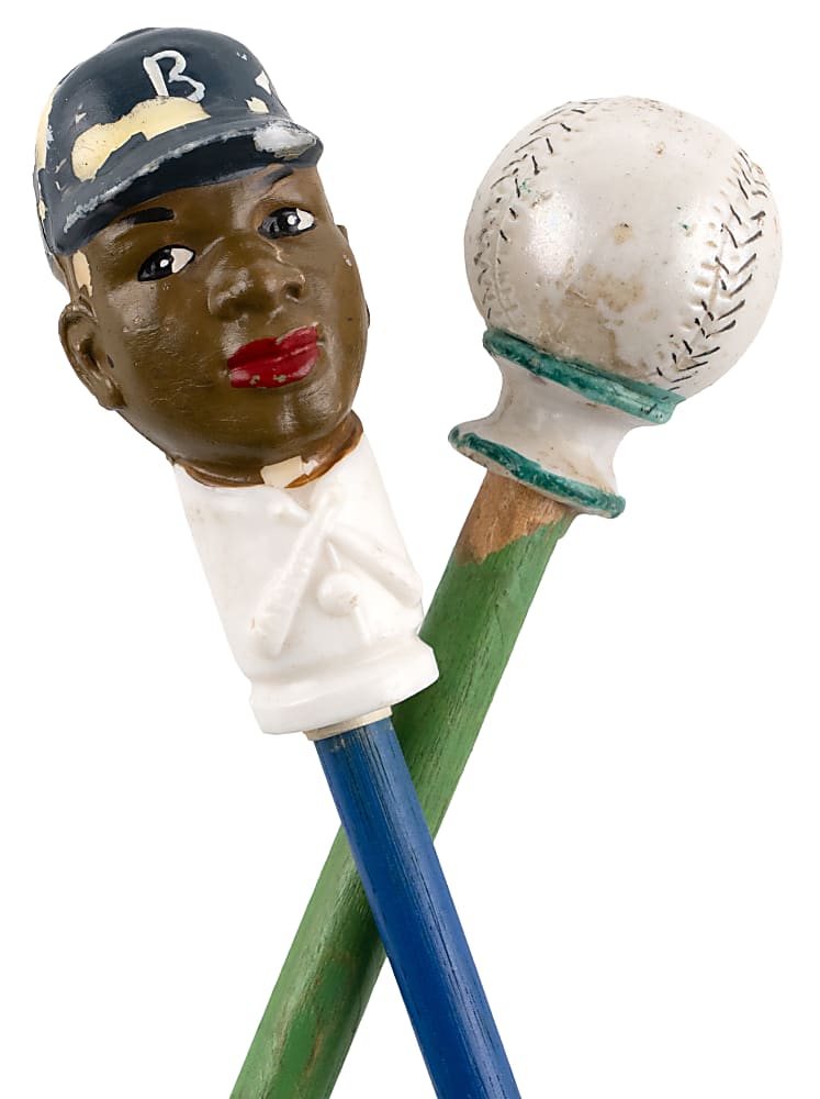 1940s-1950s Carnival Cane Pair with Very Tough Jackie Robinson & Baseball Toppers
