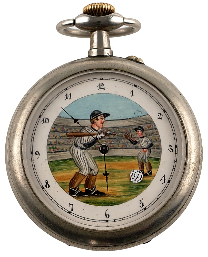 Circa 1900s Doxa German Silver Pocket Watch with Custom Painted Baseball Scene & Baseball Figural Stand
