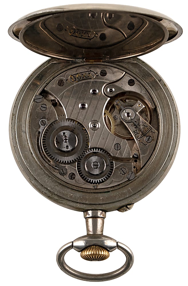 Circa 1900s Doxa German Silver Pocket Watch with Custom Painted Baseball Scene & Baseball Figural Stand
