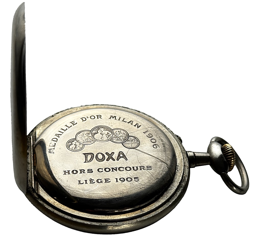 Circa 1900s Doxa German Silver Pocket Watch with Custom Painted Baseball Scene & Baseball Figural Stand