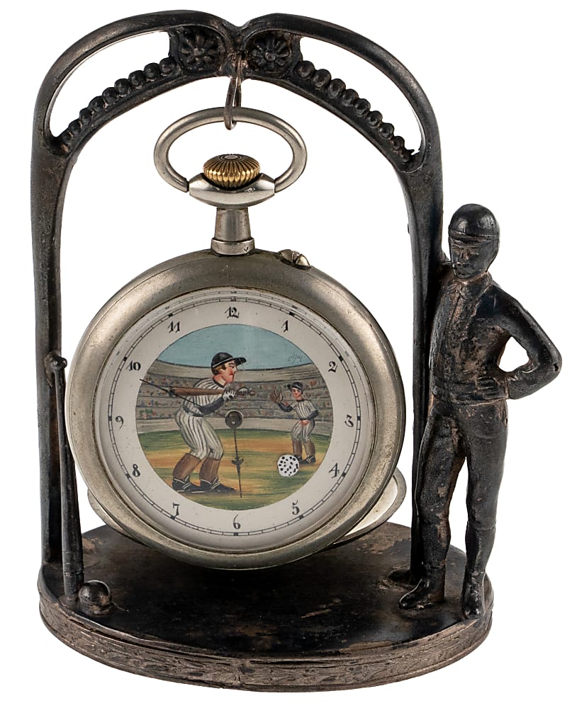 Circa 1900s Doxa German Silver Pocket Watch with Custom Painted Baseball Scene & Baseball Figural Stand