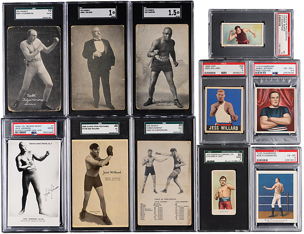 1909-1940s Boxing Greats Card, Exhibit & Postcard Collection (11) with Jack Johnson, Dempsey/Tunney, James Jeffries & John L. Sullivan