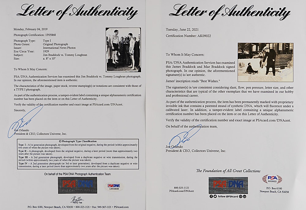 James Braddock Original Type I Photograph & Dual-Signed News Service Photo - Both PSA/DNA