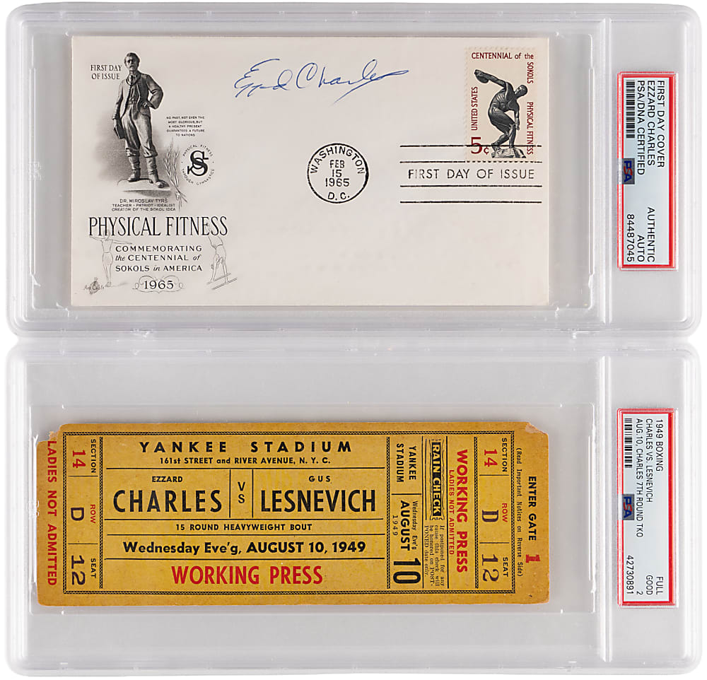 Ezzard Charles PSA Graded Pair with Signed First Day Cover & 1949 Lesnevich Heavyweight Championship Bout Full Ticket